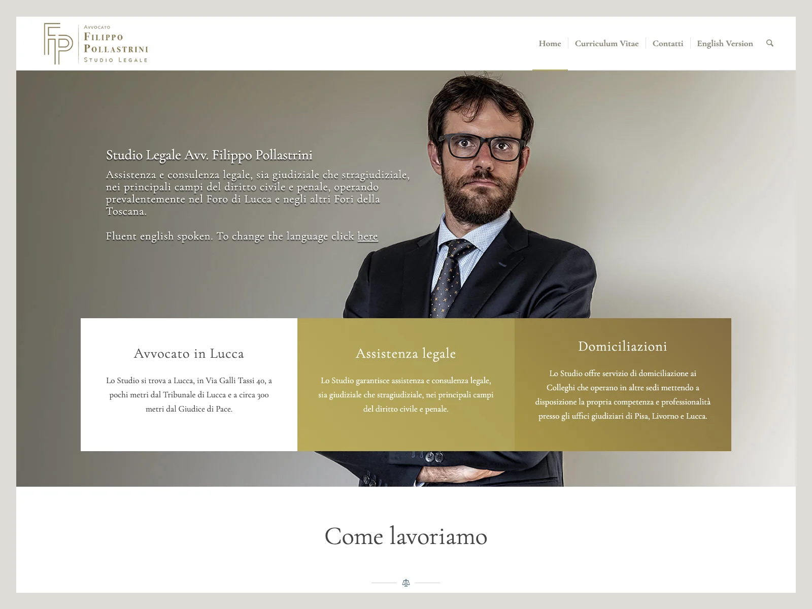 Studio Legale Pollastrini, versione desktop: homepage dello studio