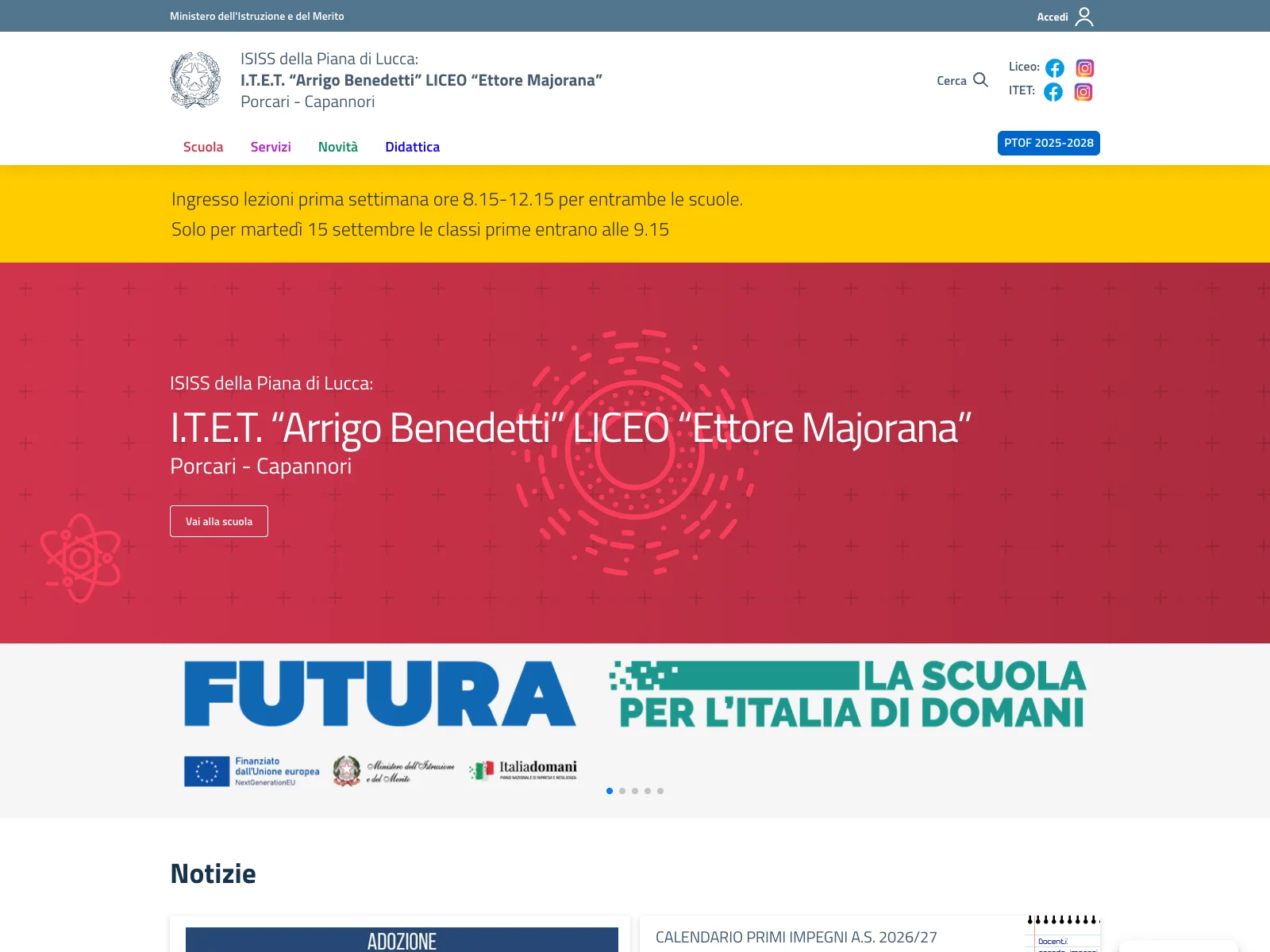 Istituto Benedetti-Majorana, versione desktop: homepage dell’istituto