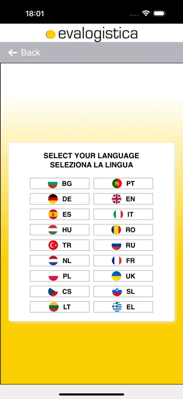 Evalogistica, versione mobile: selezione della lingua