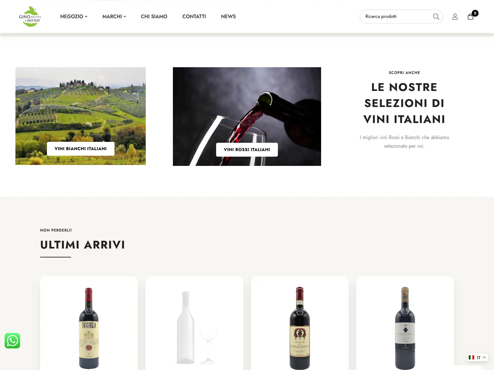 Gino Frutta & Bistrot, versione desktop: selezioni di vini italiani