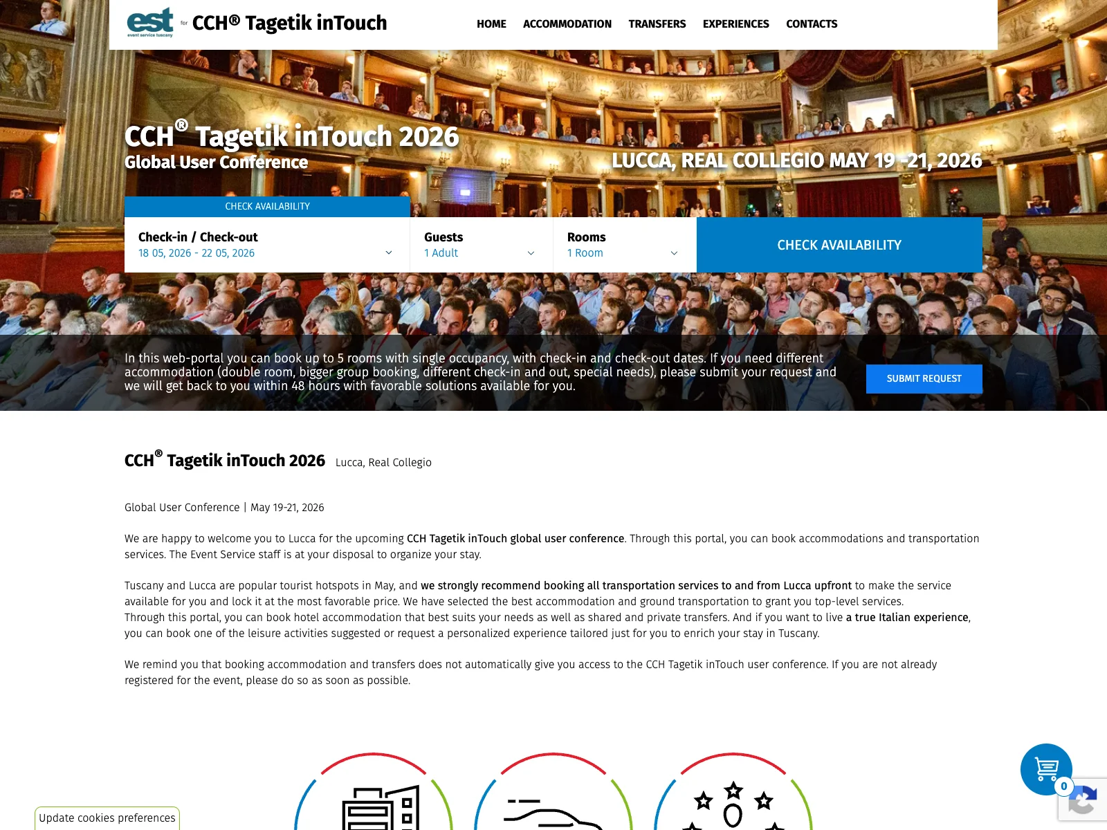 Hospitality Event Service, versione desktop: pagina evento con ricerca degli alloggi