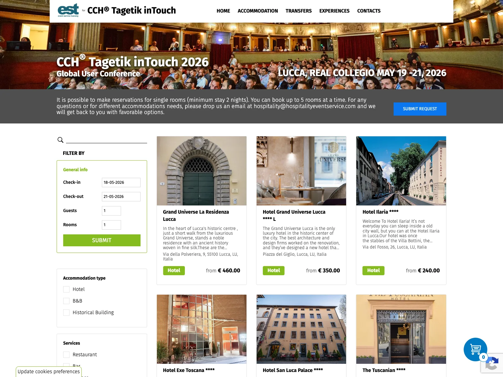 Hospitality Event Service, versione desktop: catalogo delle strutture ricettive
