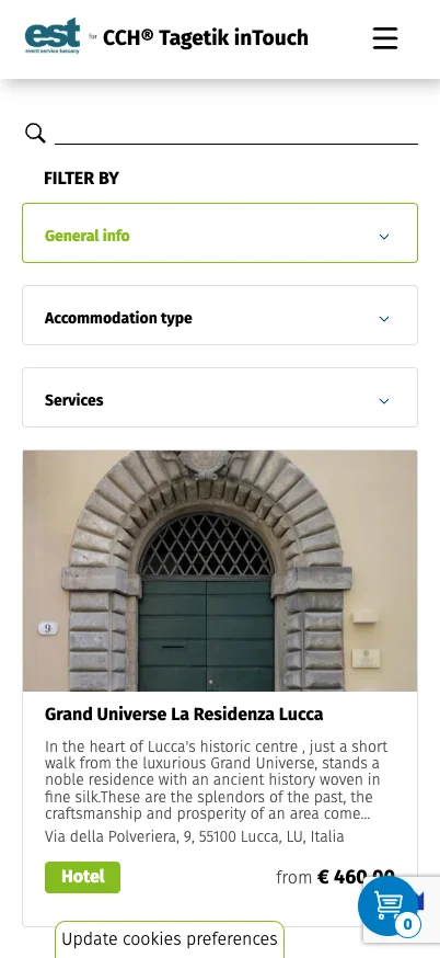 Hospitality Event Service, versione mobile: catalogo delle strutture ricettive