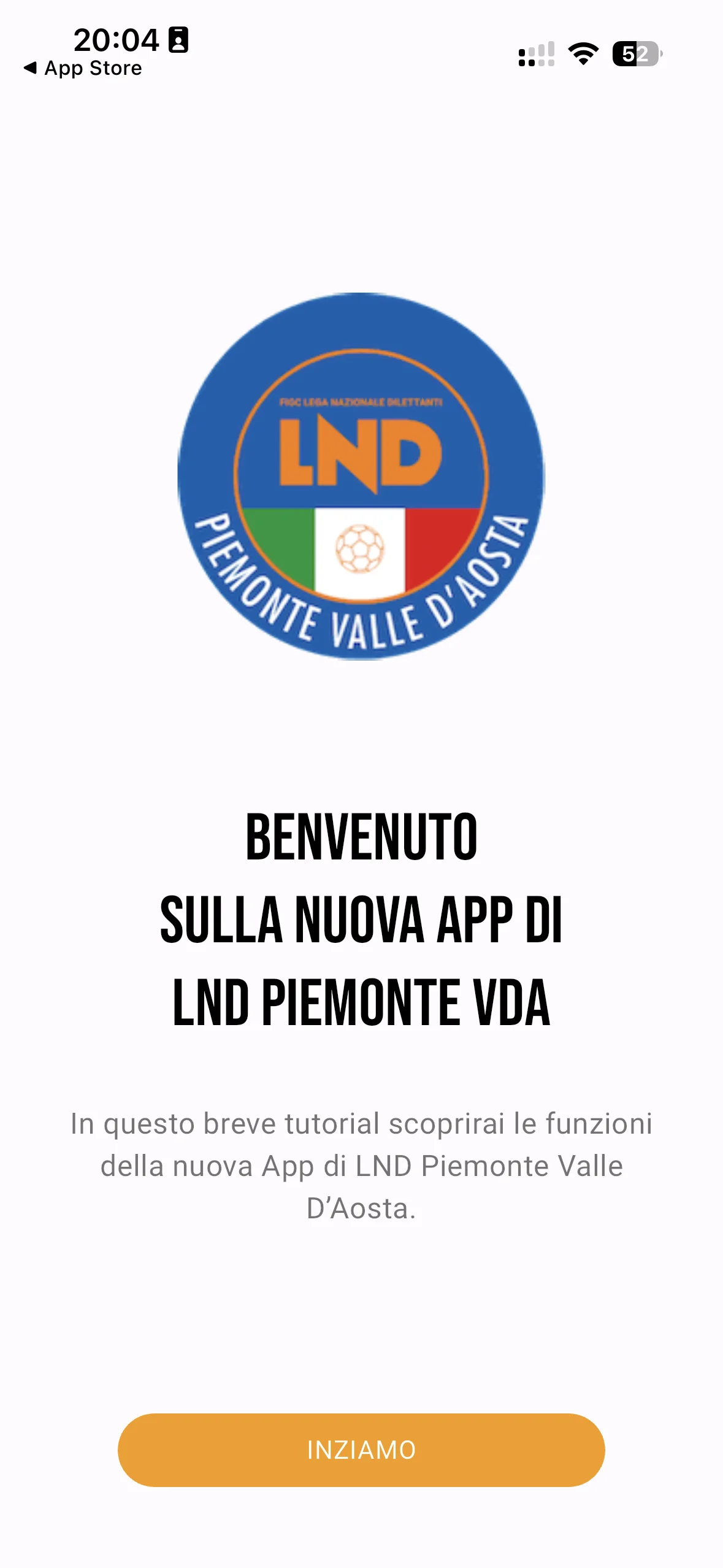 LND Piemonte VDA, versione mobile: schermata di benvenuto