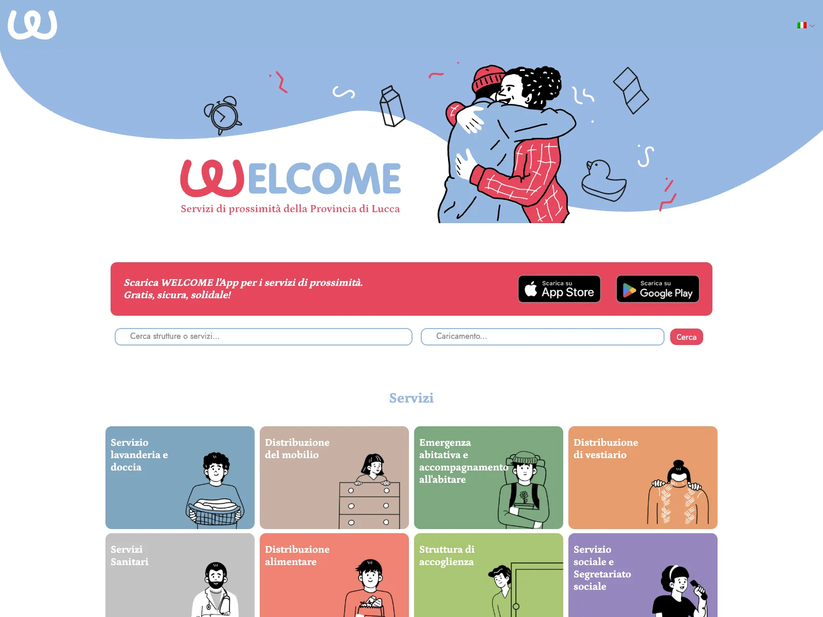 Lucca Welcome, versione desktop: homepage con ricerca dei servizi di prossimità