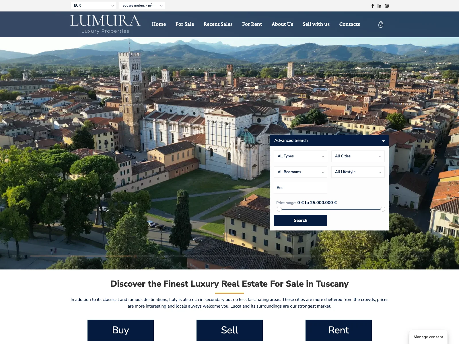 Lumura, versione desktop: homepage con panorama di Lucca e ricerca degli immobili