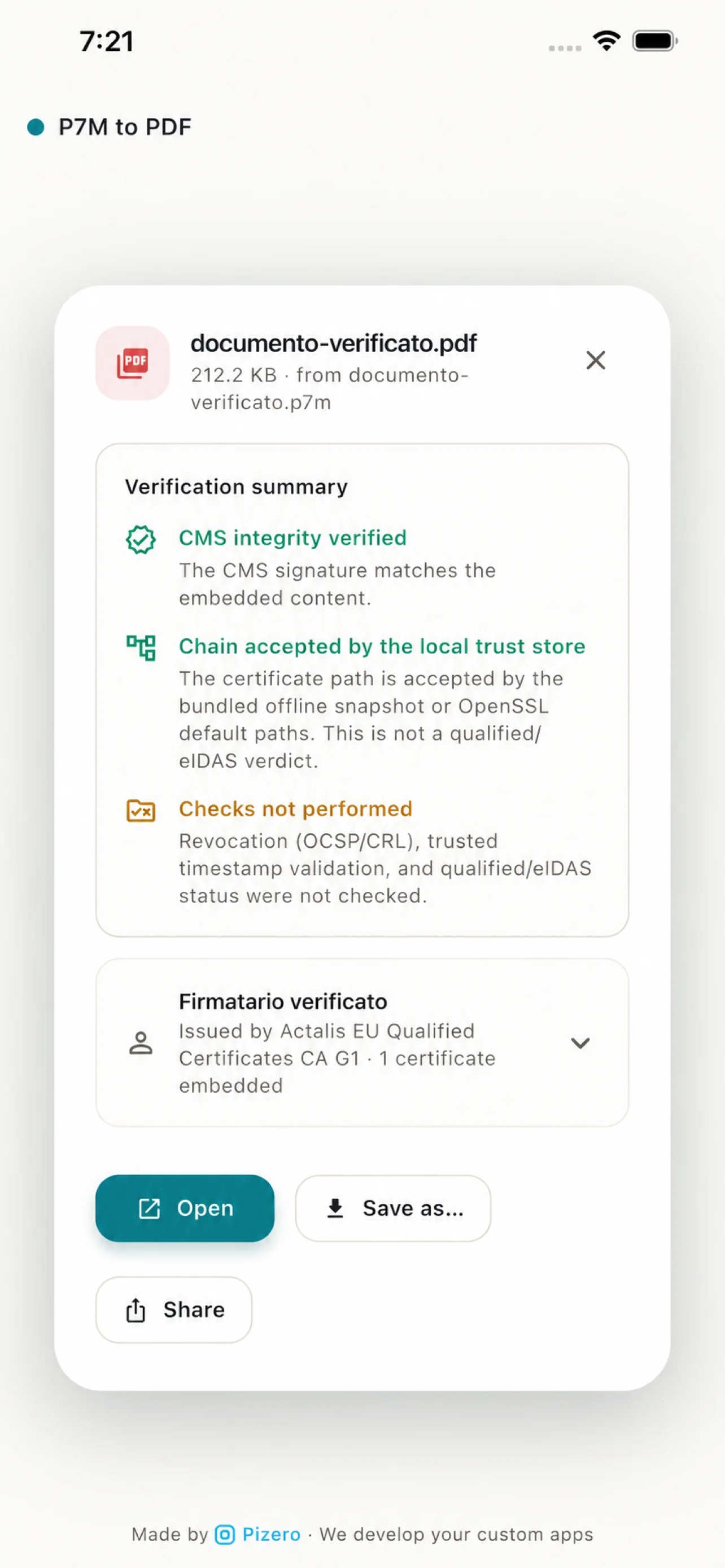 P7M to PDF, versione mobile: estrazione e verifica con dati anonimizzati