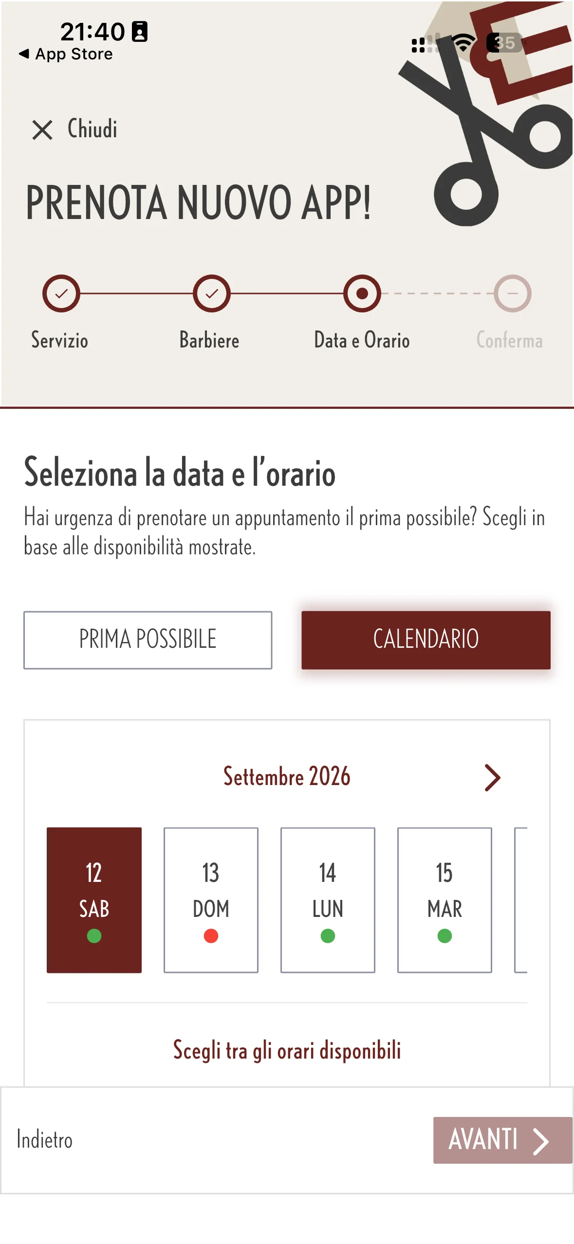 Swing, versione mobile: prenotazione
