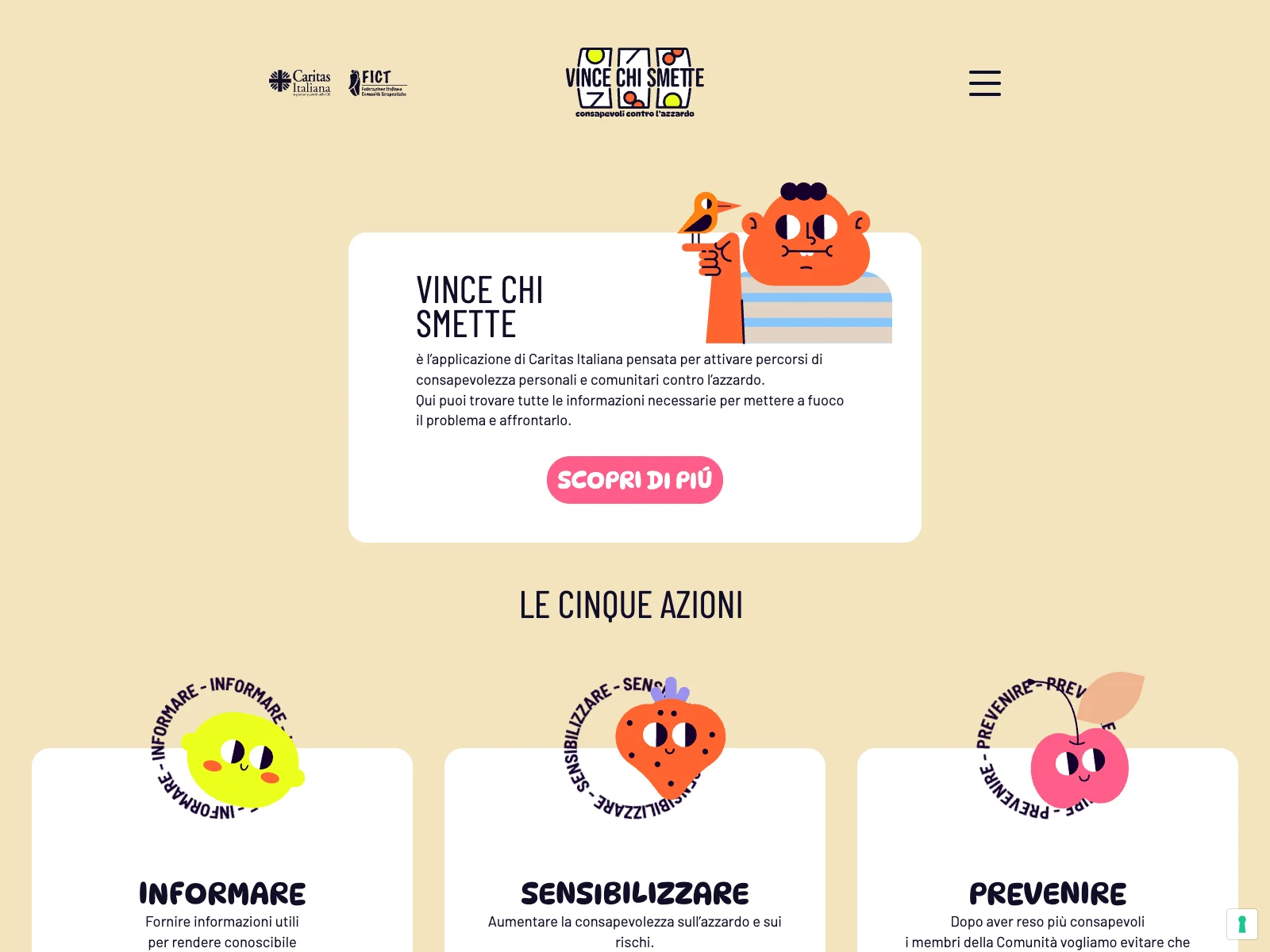 Vince Chi Smette, versione desktop: homepage del progetto contro il gioco d’azzardo