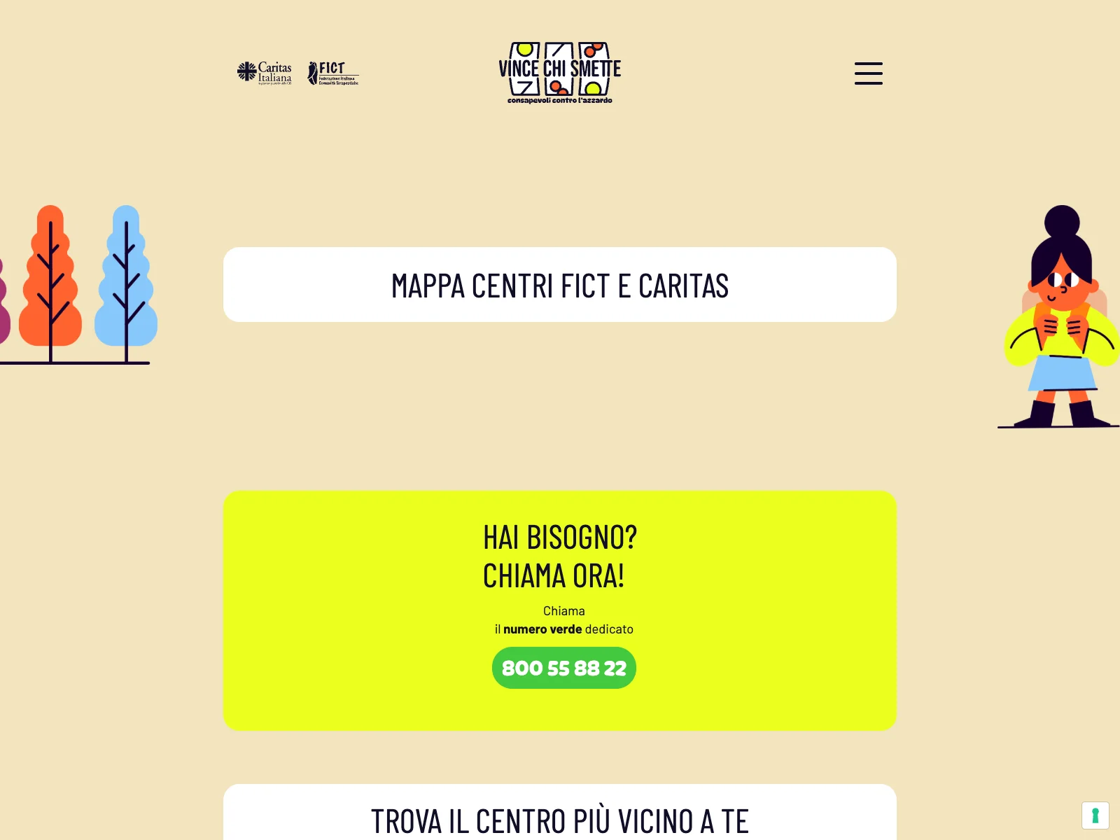 Vince Chi Smette, versione desktop: pagina dei centri FICT e Caritas